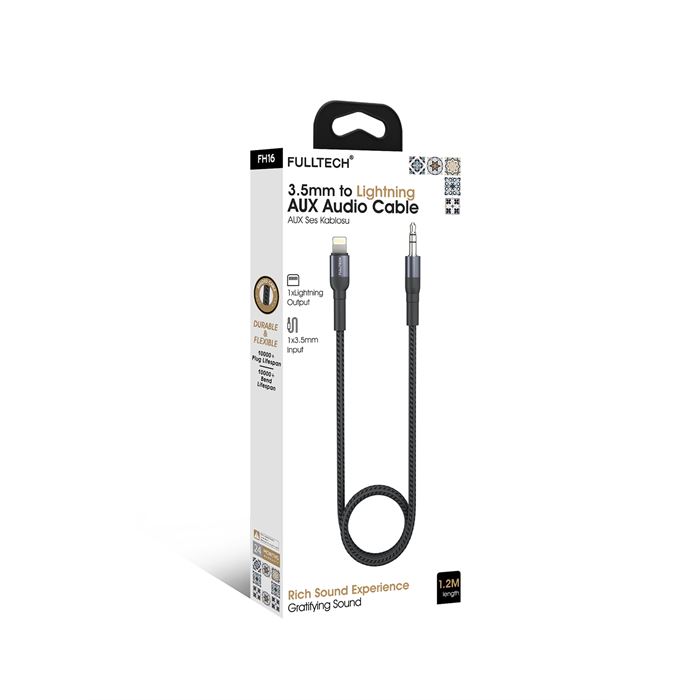Fulltech FH16 Lightning to 3.5mm AUX Ses Kablosu 1.2 Metre – Dayanıklı ve Esnek Tasarım