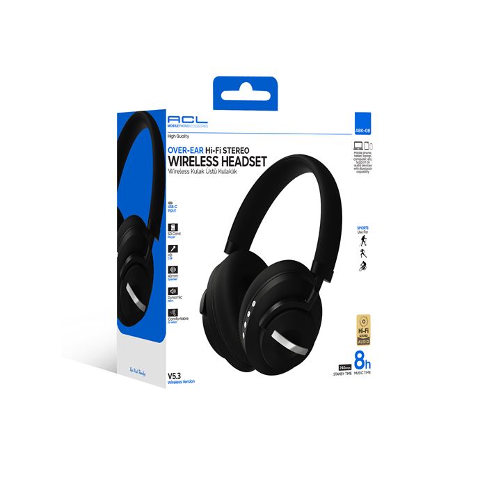 ACL ABK-08 Bluetooth 5.3 Kablosuz Kulak Üstü Kulaklık Siyah | Hi-Fi Stereo, SD Kart, USB-C, HD Görüşme