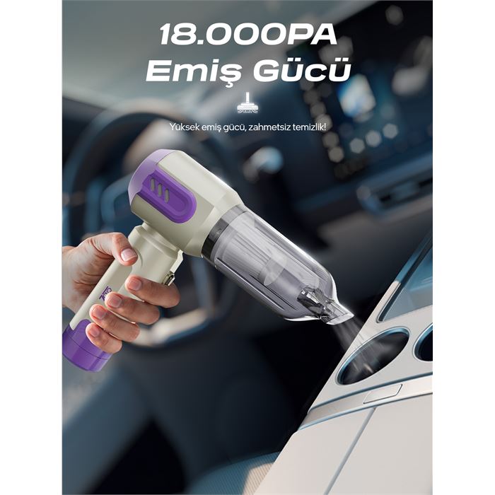 7GO AHV-14 2'si 1 Arada Kablosuz Araç İçi Süpürge Mor | 18000PA Güçlü Vakum + Üfleme | Cam Kırıcı & Kemer Kesici Acil Durum Özellikli