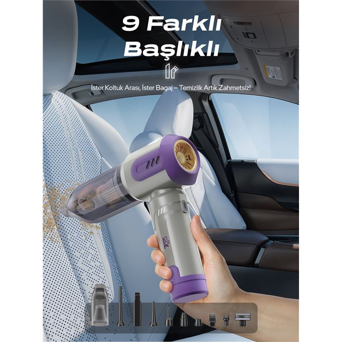 7GO AHV-14 2'si 1 Arada Kablosuz Araç İçi Süpürge Mor | 18000PA Güçlü Vakum + Üfleme | Cam Kırıcı & Kemer Kesici Acil Durum Özellikli
