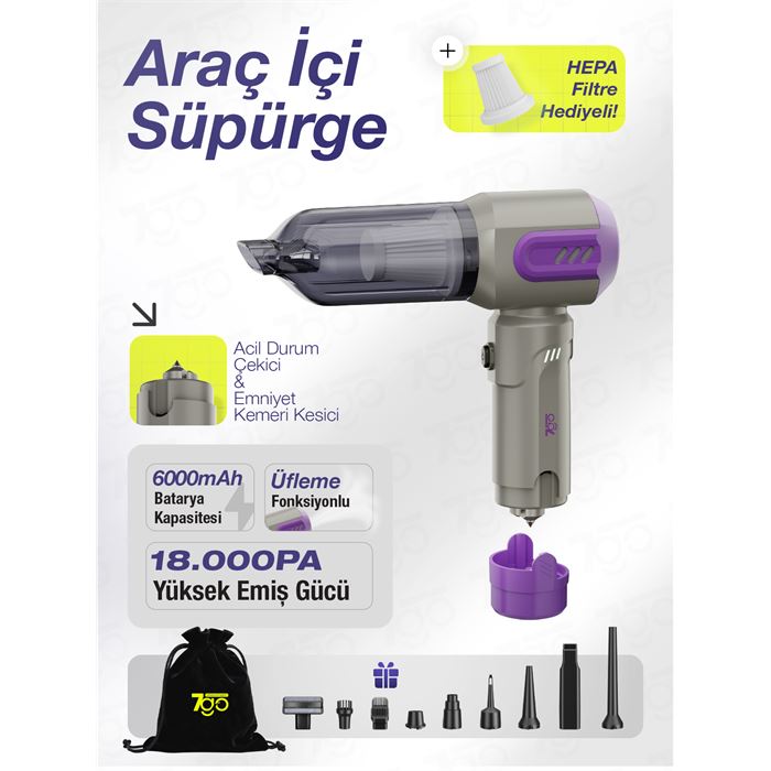 7GO AHV-14 2'si 1 Arada Kablosuz Araç İçi Süpürge Mor | 18000PA Güçlü Vakum + Üfleme | Cam Kırıcı & Kemer Kesici Acil Durum Özellikli