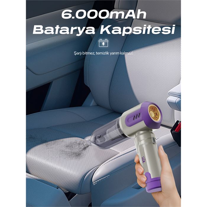 7GO AHV-14 2'si 1 Arada Kablosuz Araç İçi Süpürge Mor | 18000PA Güçlü Vakum + Üfleme | Cam Kırıcı & Kemer Kesici Acil Durum Özellikli