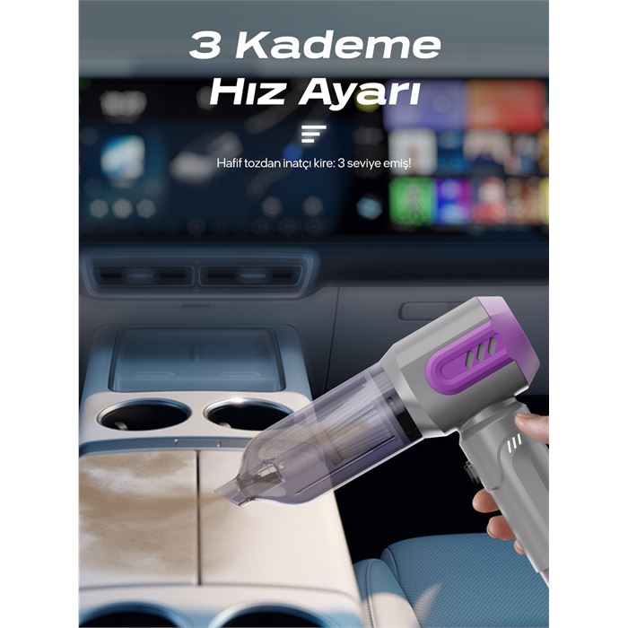 7GO AHV-14 2'si 1 Arada Kablosuz Araç İçi Süpürge Mor | 18000PA Güçlü Vakum + Üfleme | Cam Kırıcı & Kemer Kesici Acil Durum Özellikli