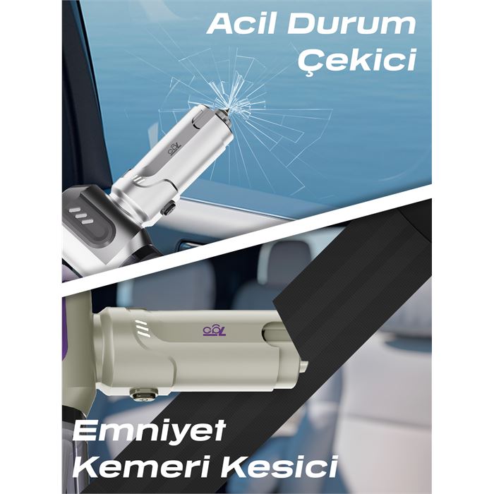 7GO AHV-14 2'si 1 Arada Kablosuz Araç İçi Süpürge Mor | 18000PA Güçlü Vakum + Üfleme | Cam Kırıcı & Kemer Kesici Acil Durum Özellikli