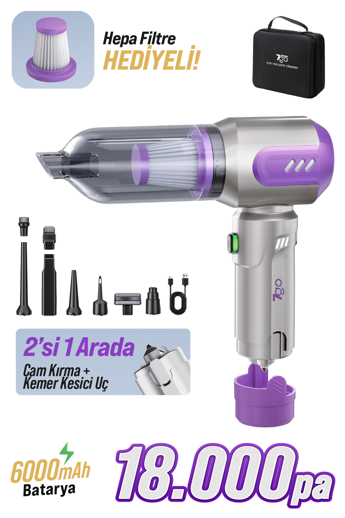 7GO AHV-14 2'si 1 Arada Kablosuz Araç İçi Süpürge Mor | 18000PA Güçlü Vakum + Üfleme | Cam Kırıcı & Kemer Kesici Acil Durum Özellikli