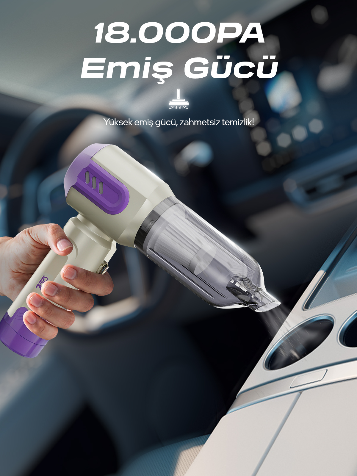 7GO AHV-14 2'si 1 Arada Kablosuz Araç İçi Süpürge Mor | 18000PA Güçlü Vakum + Üfleme | Cam Kırıcı & Kemer Kesici Acil Durum Özellikli