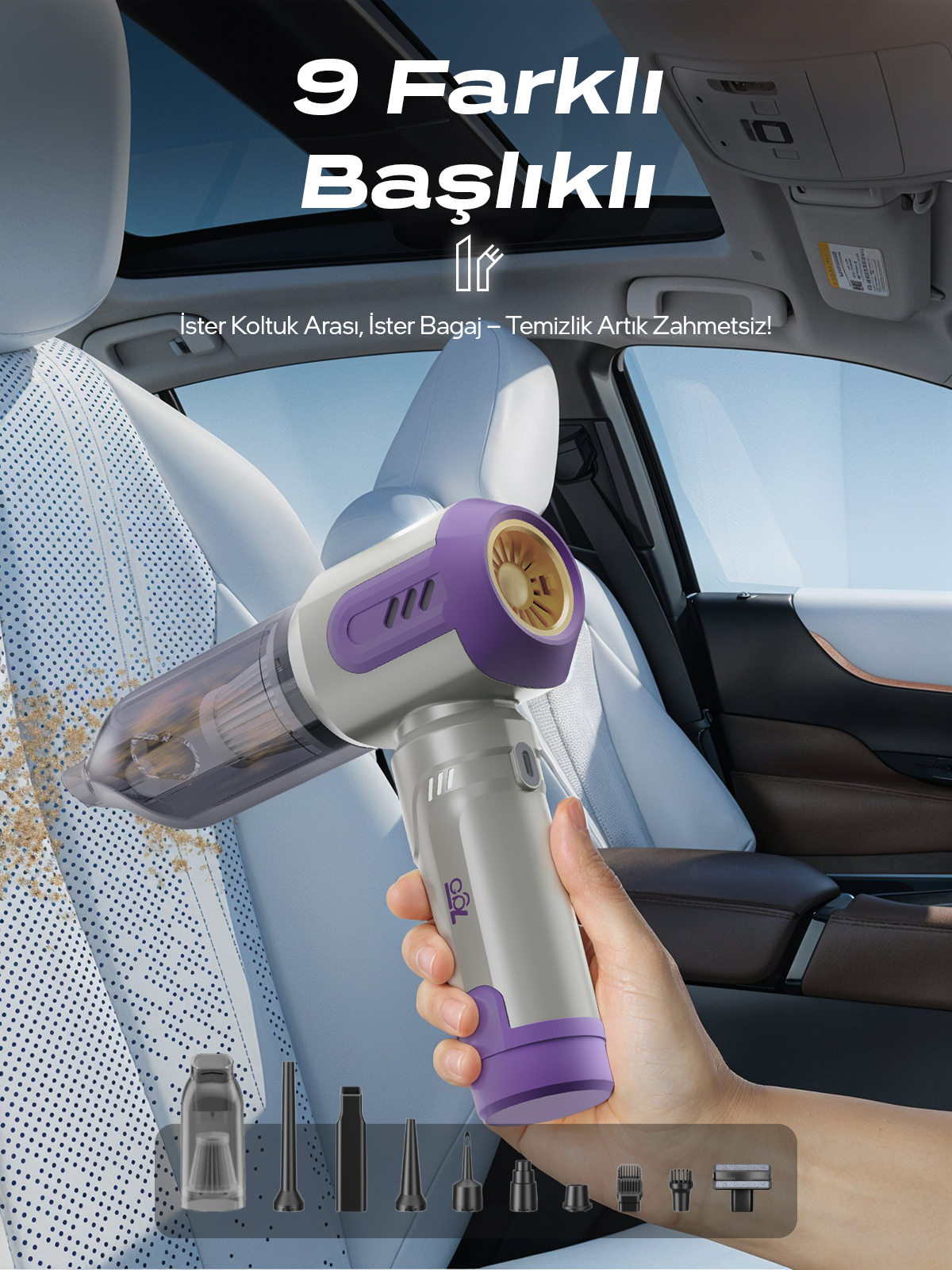 7GO AHV-14 2'si 1 Arada Kablosuz Araç İçi Süpürge Mor | 18000PA Güçlü Vakum + Üfleme | Cam Kırıcı & Kemer Kesici Acil Durum Özellikli