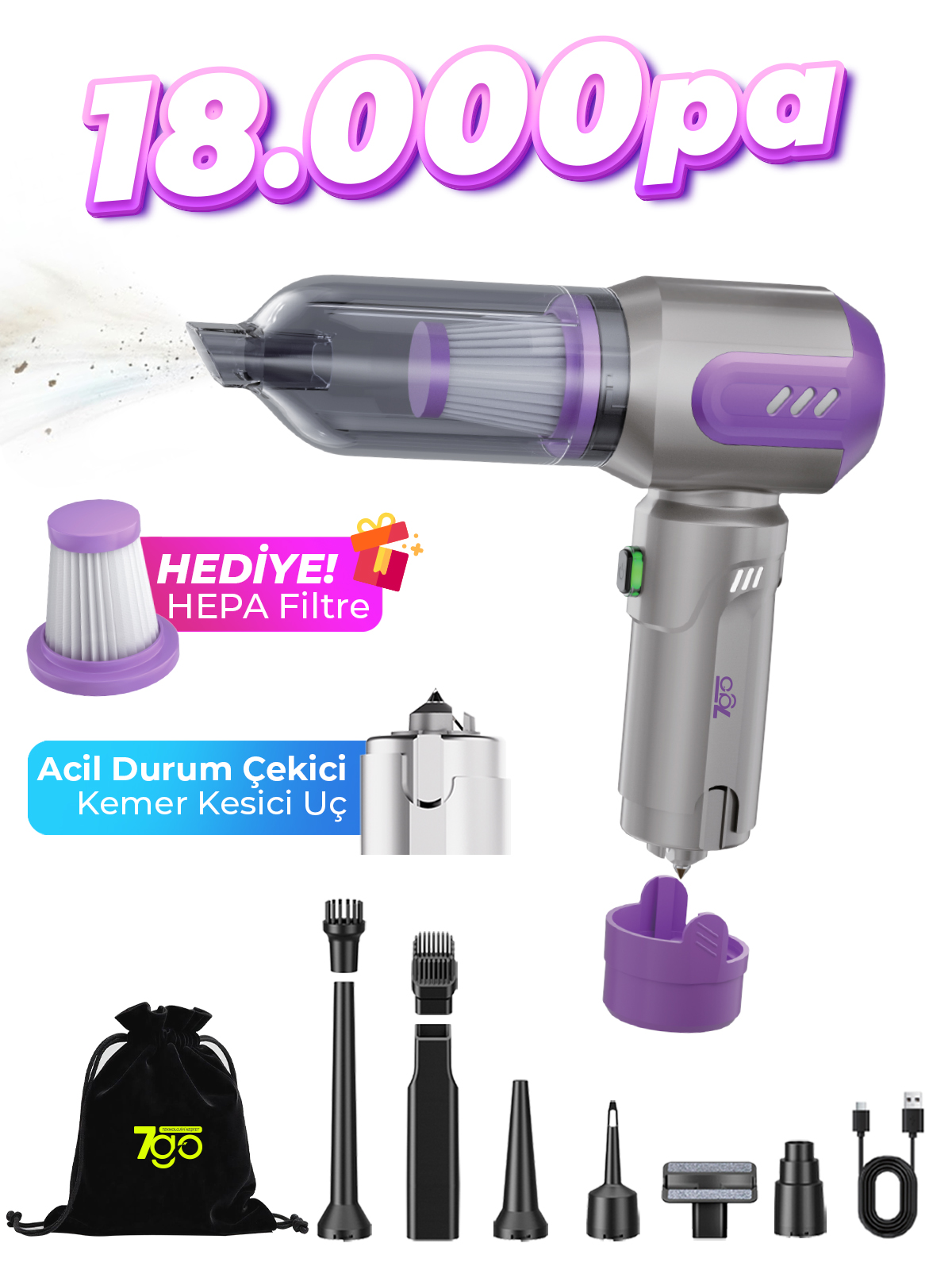 7GO AHV-14 2'si 1 Arada Kablosuz Araç İçi Süpürge Mor | 18000PA Güçlü Vakum + Üfleme | Cam Kırıcı & Kemer Kesici Acil Durum Özellikli