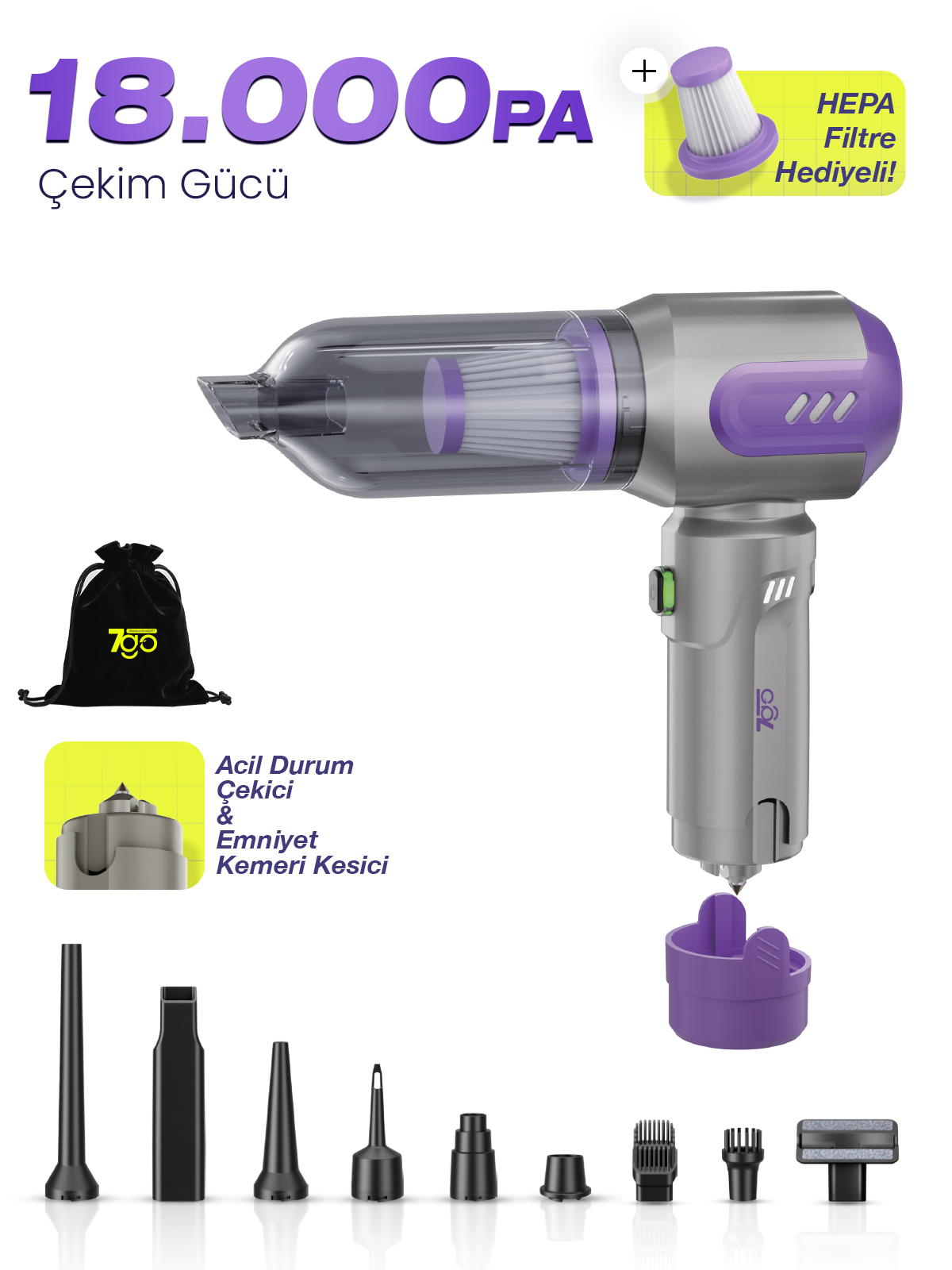 7GO AHV-14 2'si 1 Arada Kablosuz Araç İçi Süpürge Mor | 18000PA Güçlü Vakum + Üfleme | Cam Kırıcı & Kemer Kesici Acil Durum Özellikli