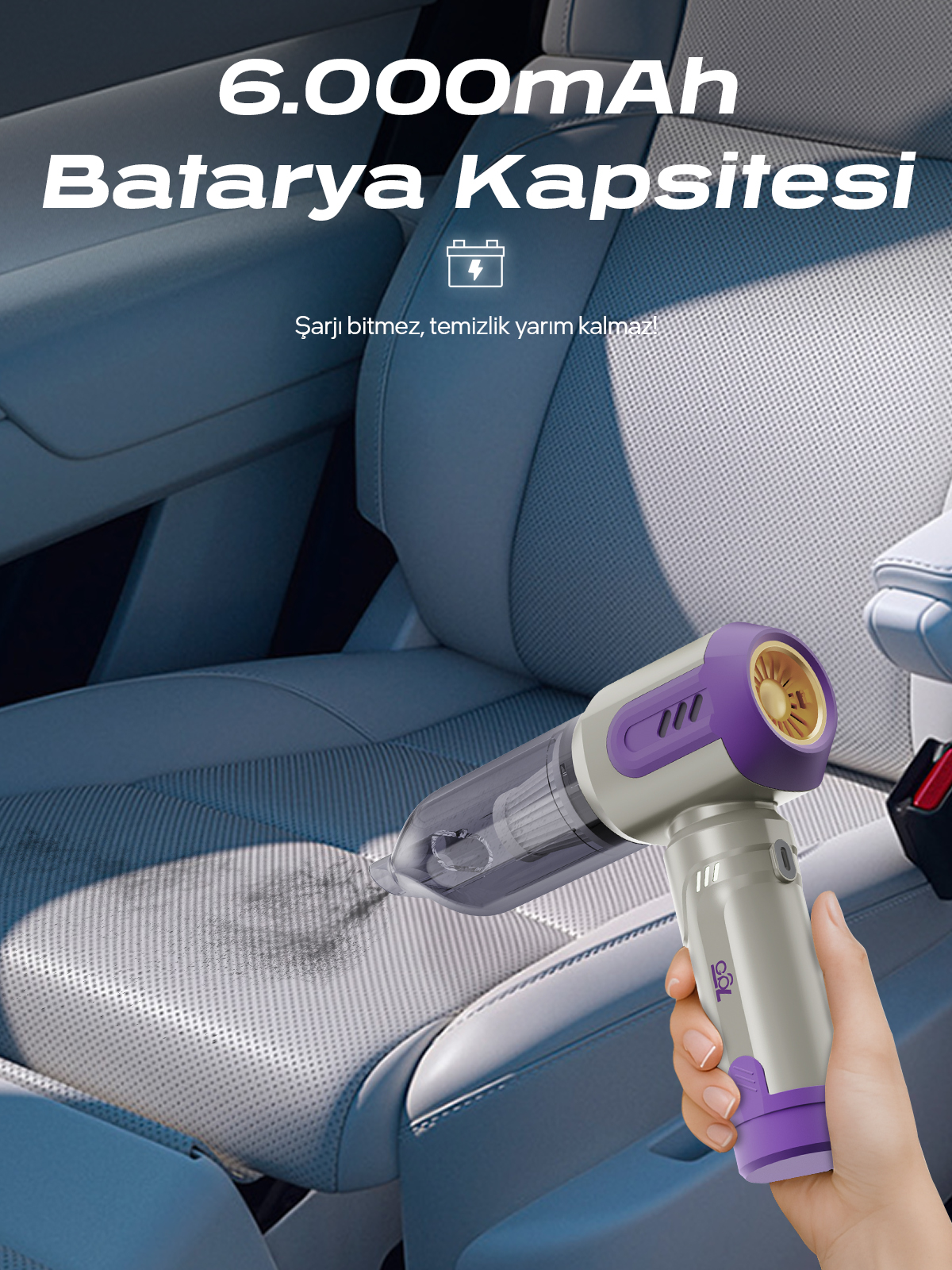 7GO AHV-14 2'si 1 Arada Kablosuz Araç İçi Süpürge Mor | 18000PA Güçlü Vakum + Üfleme | Cam Kırıcı & Kemer Kesici Acil Durum Özellikli