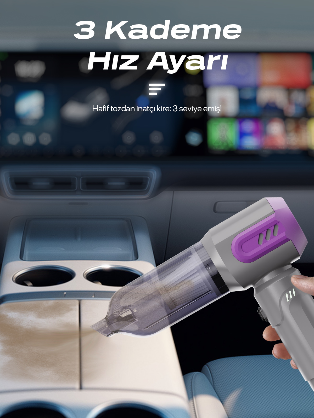 7GO AHV-14 2'si 1 Arada Kablosuz Araç İçi Süpürge Mor | 18000PA Güçlü Vakum + Üfleme | Cam Kırıcı & Kemer Kesici Acil Durum Özellikli