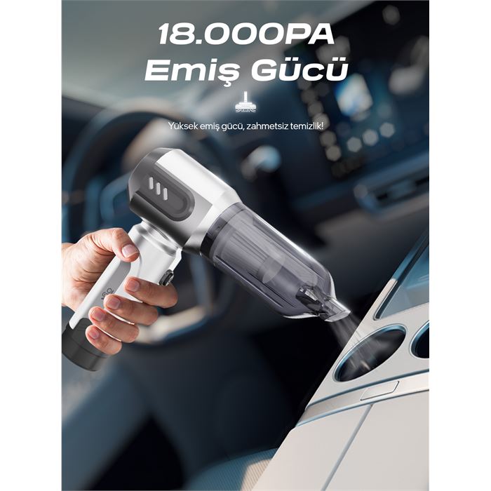 7GO AHV-14 2'si 1 Arada Kablosuz Araç İçi Süpürge Gümüş | 18000PA Güçlü Vakum + Üfleme | Cam Kırıcı & Kemer Kesici Acil Durum Özellikli