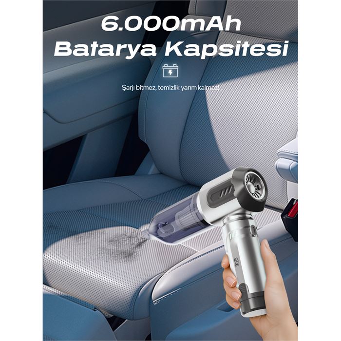 7GO AHV-14 2'si 1 Arada Kablosuz Araç İçi Süpürge Gümüş | 18000PA Güçlü Vakum + Üfleme | Cam Kırıcı & Kemer Kesici Acil Durum Özellikli