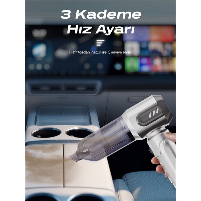 7GO AHV-14 2'si 1 Arada Kablosuz Araç İçi Süpürge Gümüş | 18000PA Güçlü Vakum + Üfleme | Cam Kırıcı & Kemer Kesici Acil Durum Özellikli