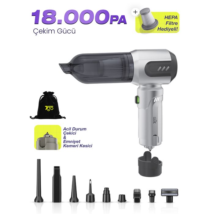7GO AHV-14 2'si 1 Arada Kablosuz Araç İçi Süpürge Gümüş | 18000PA Güçlü Vakum + Üfleme | Cam Kırıcı & Kemer Kesici Acil Durum Özellikli