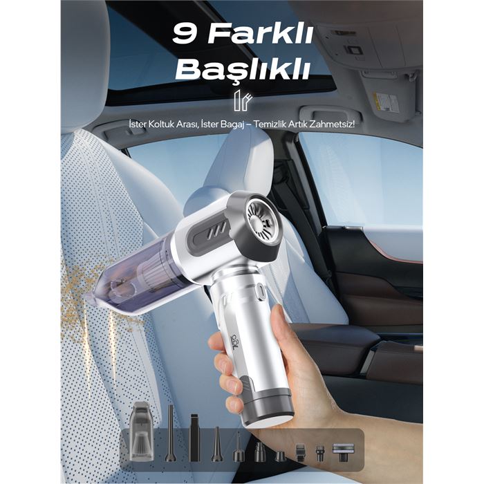 7GO AHV-14 2'si 1 Arada Kablosuz Araç İçi Süpürge Gümüş | 18000PA Güçlü Vakum + Üfleme | Cam Kırıcı & Kemer Kesici Acil Durum Özellikli