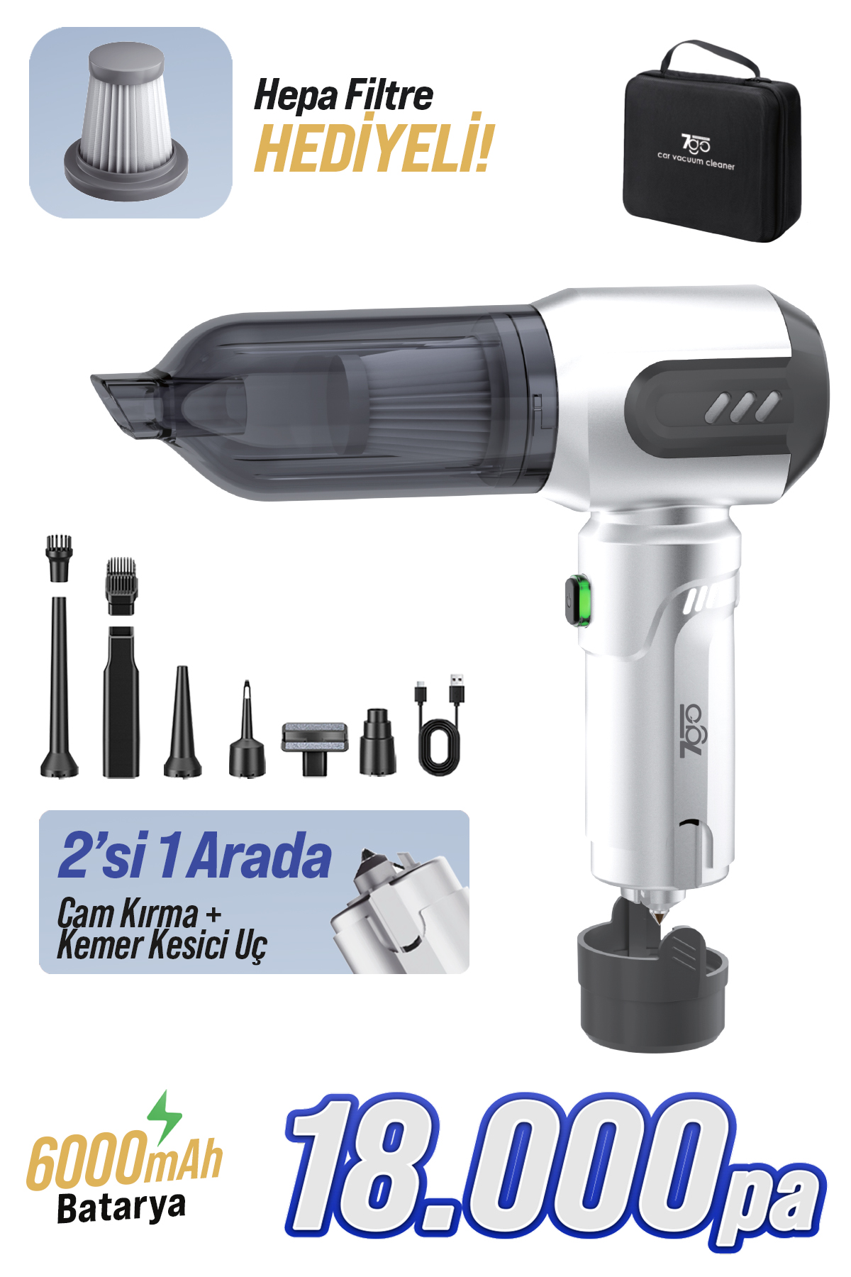 7GO AHV-14 2'si 1 Arada Kablosuz Araç İçi Süpürge Gümüş | 18000PA Güçlü Vakum + Üfleme | Cam Kırıcı & Kemer Kesici Acil Durum Özellikli