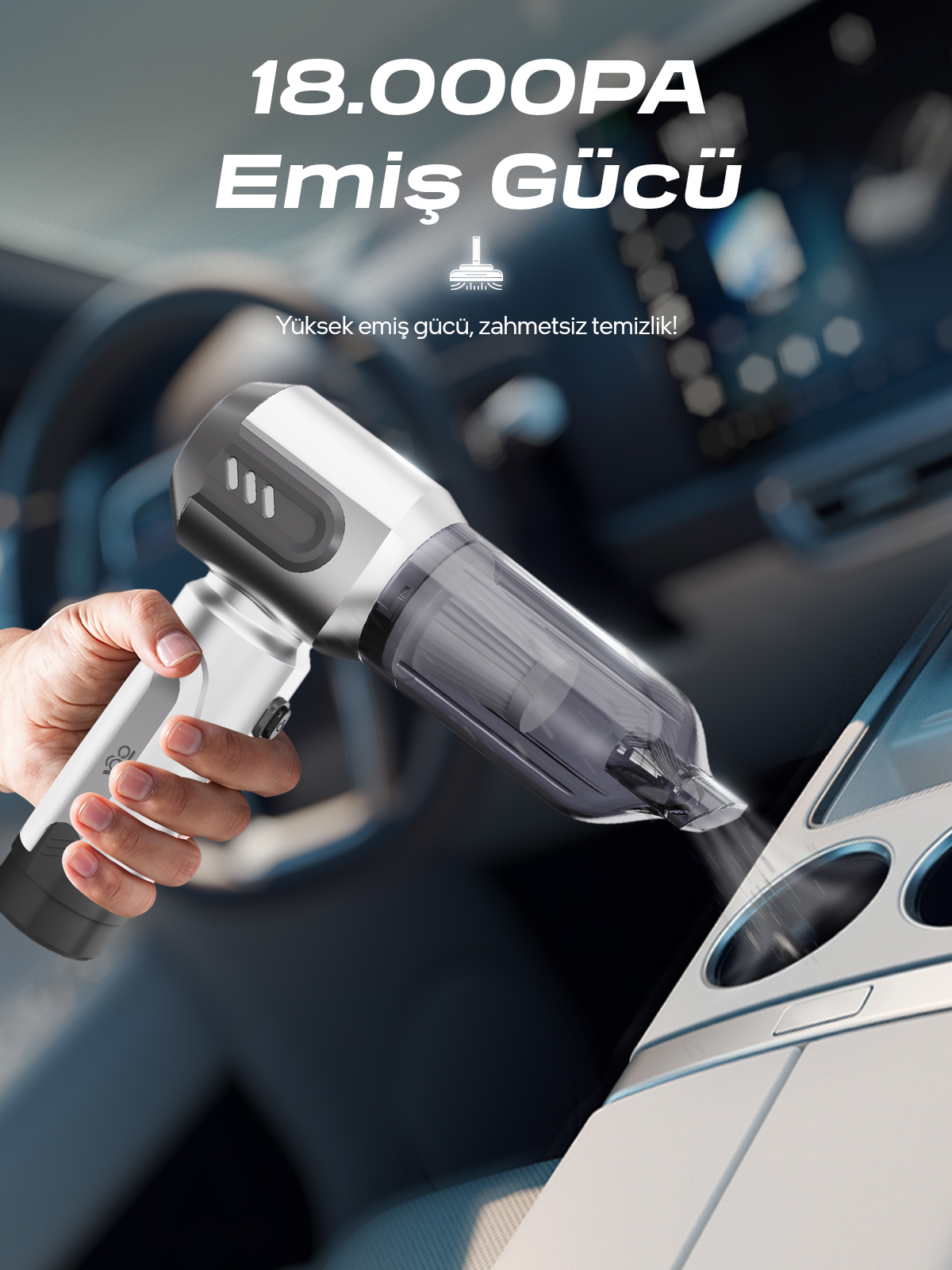 7GO AHV-14 2'si 1 Arada Kablosuz Araç İçi Süpürge Gümüş | 18000PA Güçlü Vakum + Üfleme | Cam Kırıcı & Kemer Kesici Acil Durum Özellikli