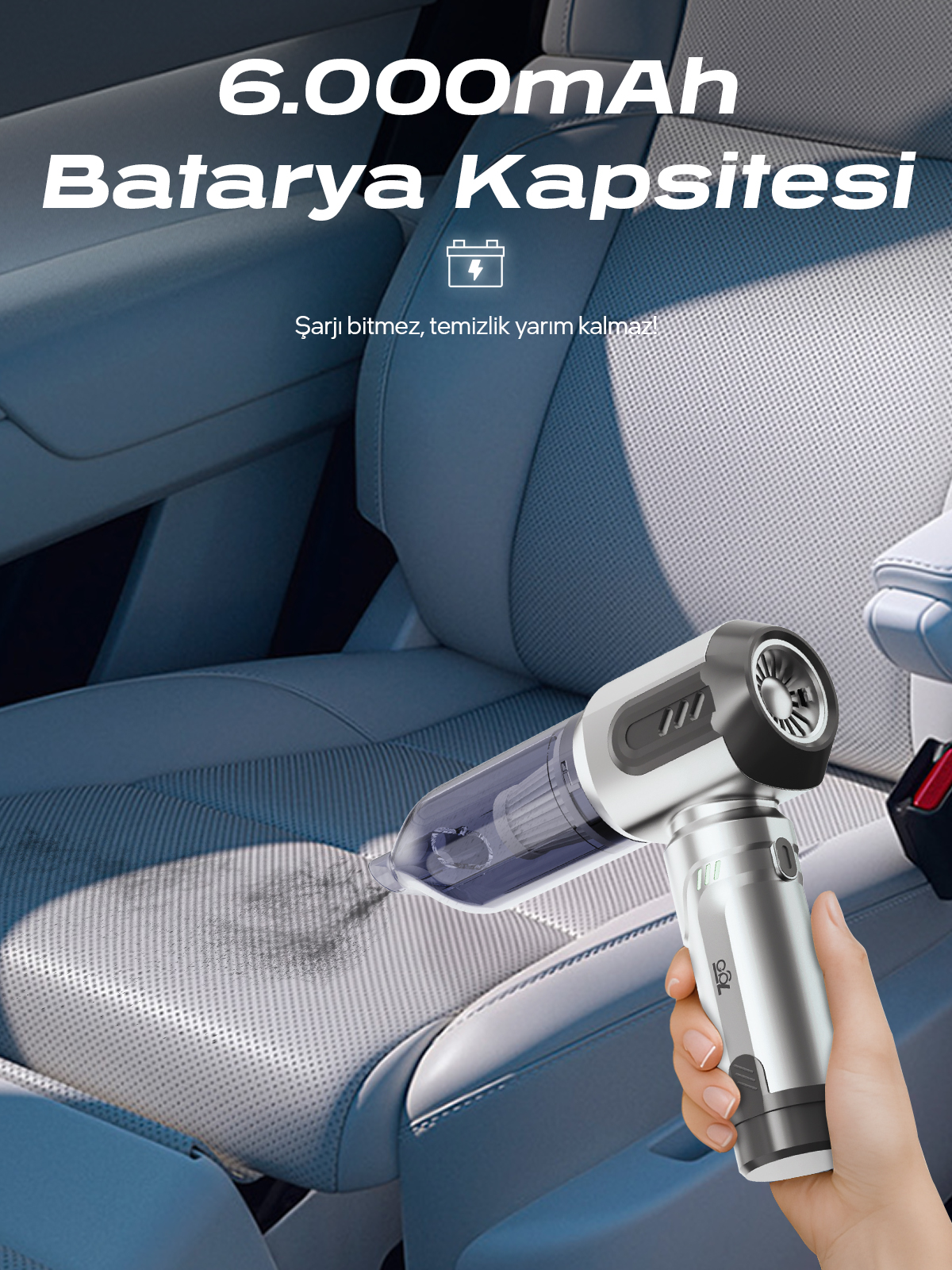 7GO AHV-14 2'si 1 Arada Kablosuz Araç İçi Süpürge Gümüş | 18000PA Güçlü Vakum + Üfleme | Cam Kırıcı & Kemer Kesici Acil Durum Özellikli