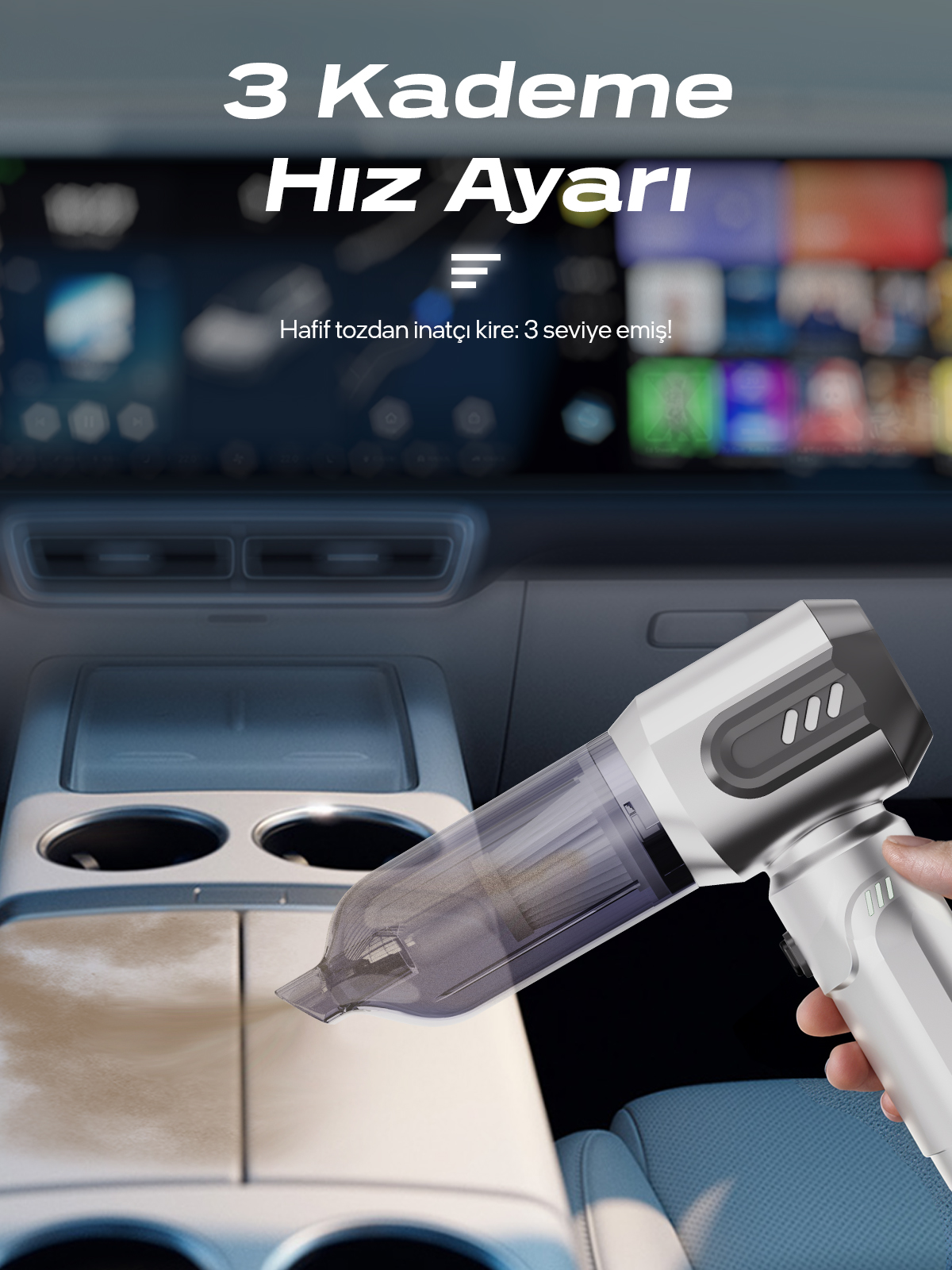 7GO AHV-14 2'si 1 Arada Kablosuz Araç İçi Süpürge Gümüş | 18000PA Güçlü Vakum + Üfleme | Cam Kırıcı & Kemer Kesici Acil Durum Özellikli