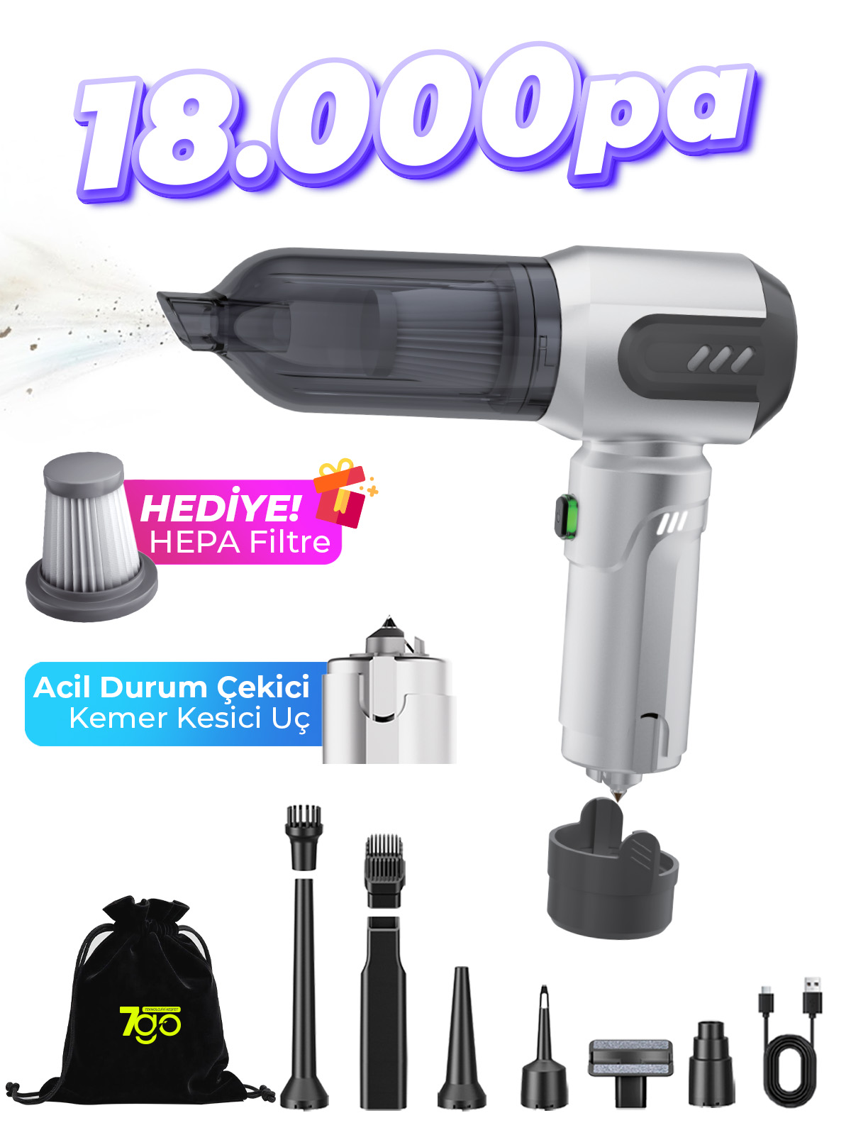 7GO AHV-14 2'si 1 Arada Kablosuz Araç İçi Süpürge Gümüş | 18000PA Güçlü Vakum + Üfleme | Cam Kırıcı & Kemer Kesici Acil Durum Özellikli