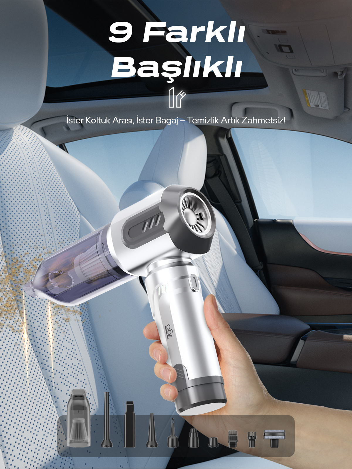 7GO AHV-14 2'si 1 Arada Kablosuz Araç İçi Süpürge Gümüş | 18000PA Güçlü Vakum + Üfleme | Cam Kırıcı & Kemer Kesici Acil Durum Özellikli