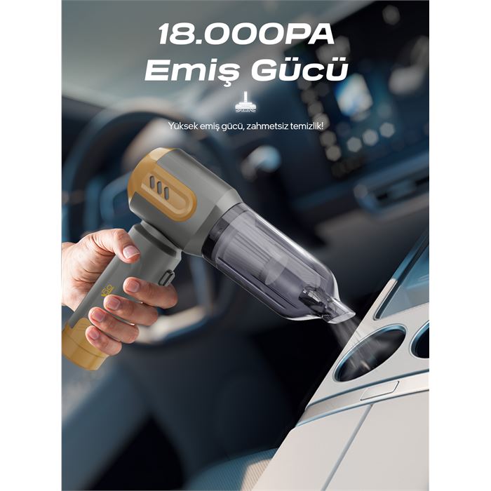 7GO AHV-14 2'si 1 Arada Kablosuz Araç İçi Süpürge Turuncu | 18000PA Güçlü Vakum + Üfleme | Cam Kırıcı & Kemer Kesici Acil Durum Özellikli