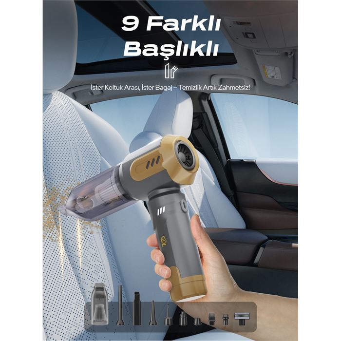 7GO AHV-14 2'si 1 Arada Kablosuz Araç İçi Süpürge Turuncu | 18000PA Güçlü Vakum + Üfleme | Cam Kırıcı & Kemer Kesici Acil Durum Özellikli