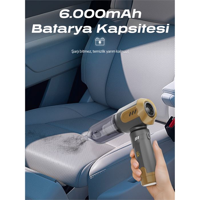 7GO AHV-14 2'si 1 Arada Kablosuz Araç İçi Süpürge Turuncu | 18000PA Güçlü Vakum + Üfleme | Cam Kırıcı & Kemer Kesici Acil Durum Özellikli