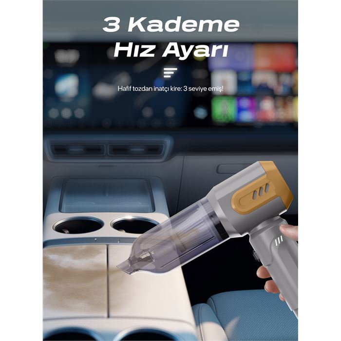 7GO AHV-14 2'si 1 Arada Kablosuz Araç İçi Süpürge Turuncu | 18000PA Güçlü Vakum + Üfleme | Cam Kırıcı & Kemer Kesici Acil Durum Özellikli