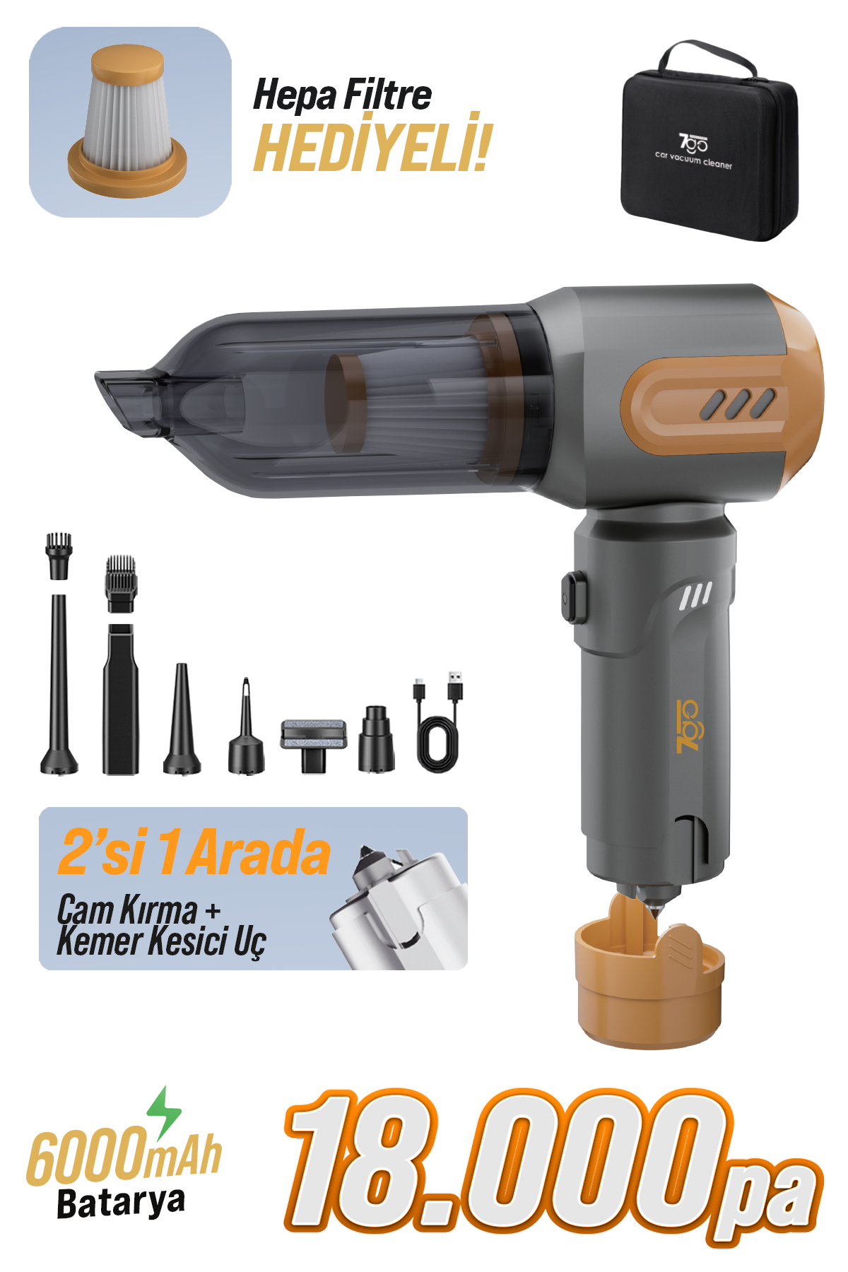 7GO AHV-14 2'si 1 Arada Kablosuz Araç İçi Süpürge Turuncu | 18000PA Güçlü Vakum + Üfleme | Cam Kırıcı & Kemer Kesici Acil Durum Özellikli