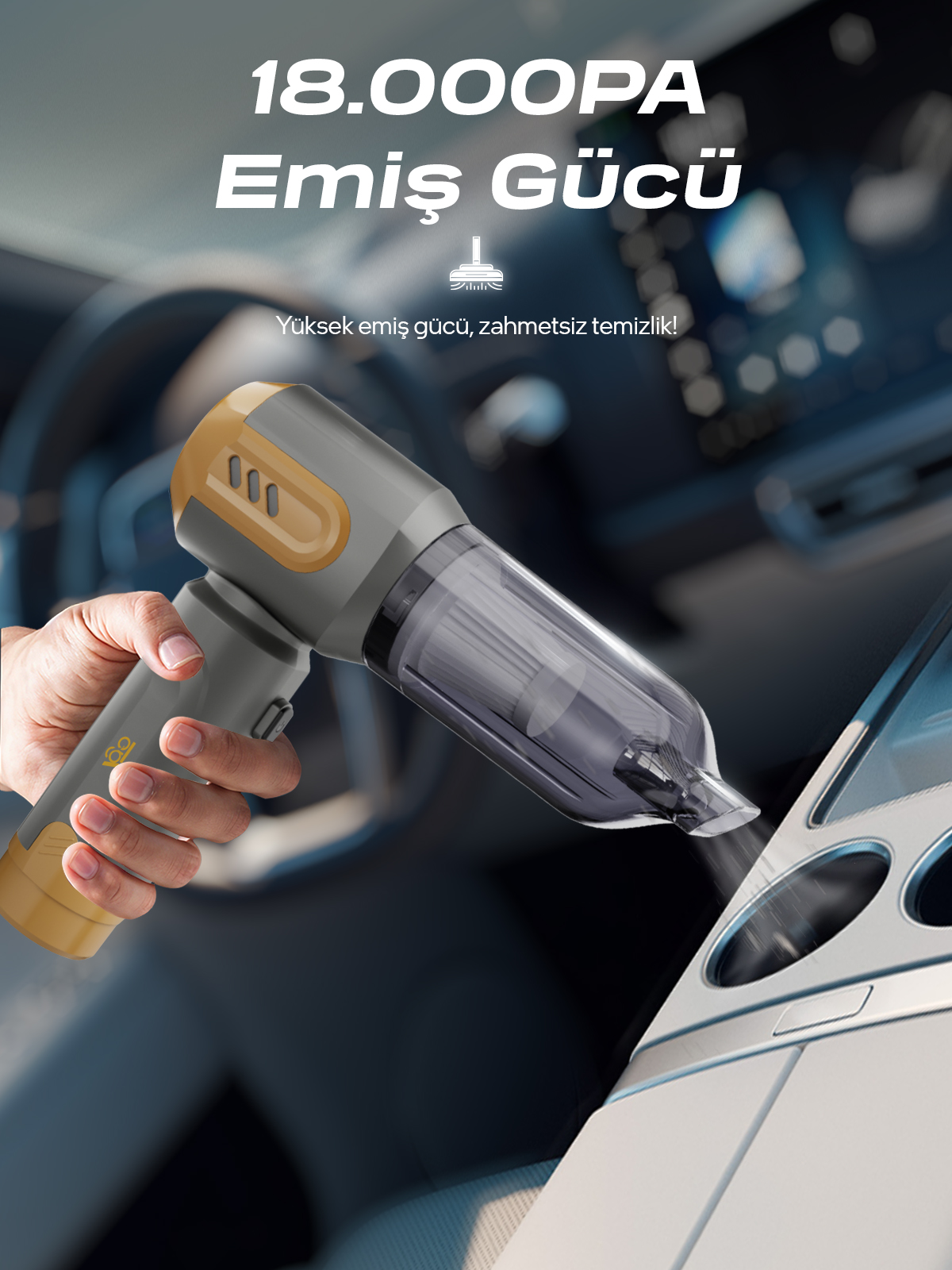 7GO AHV-14 2'si 1 Arada Kablosuz Araç İçi Süpürge Turuncu | 18000PA Güçlü Vakum + Üfleme | Cam Kırıcı & Kemer Kesici Acil Durum Özellikli