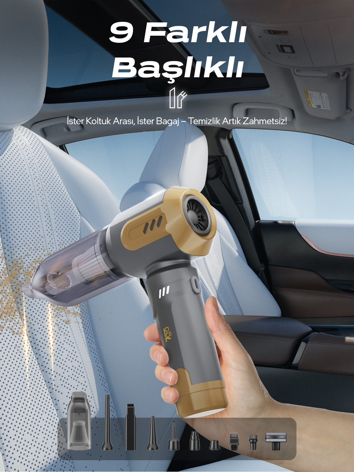 7GO AHV-14 2'si 1 Arada Kablosuz Araç İçi Süpürge Turuncu | 18000PA Güçlü Vakum + Üfleme | Cam Kırıcı & Kemer Kesici Acil Durum Özellikli