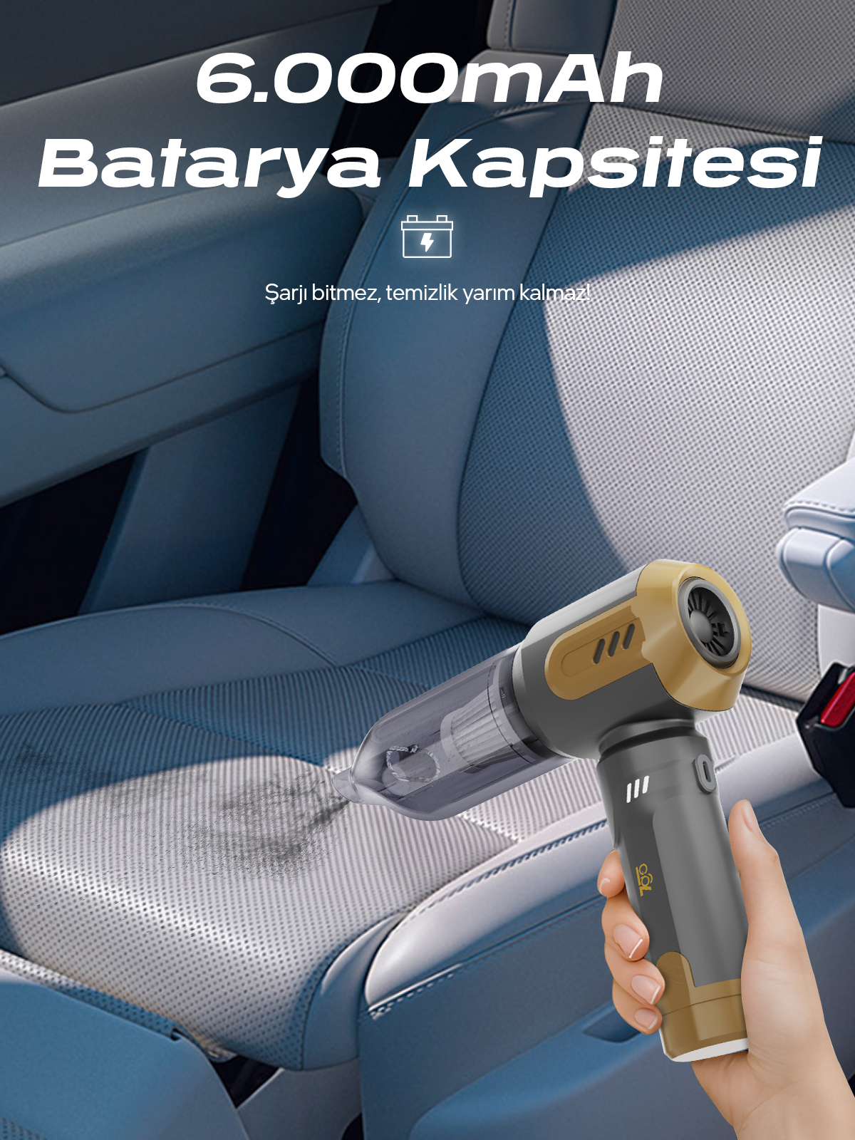 7GO AHV-14 2'si 1 Arada Kablosuz Araç İçi Süpürge Turuncu | 18000PA Güçlü Vakum + Üfleme | Cam Kırıcı & Kemer Kesici Acil Durum Özellikli