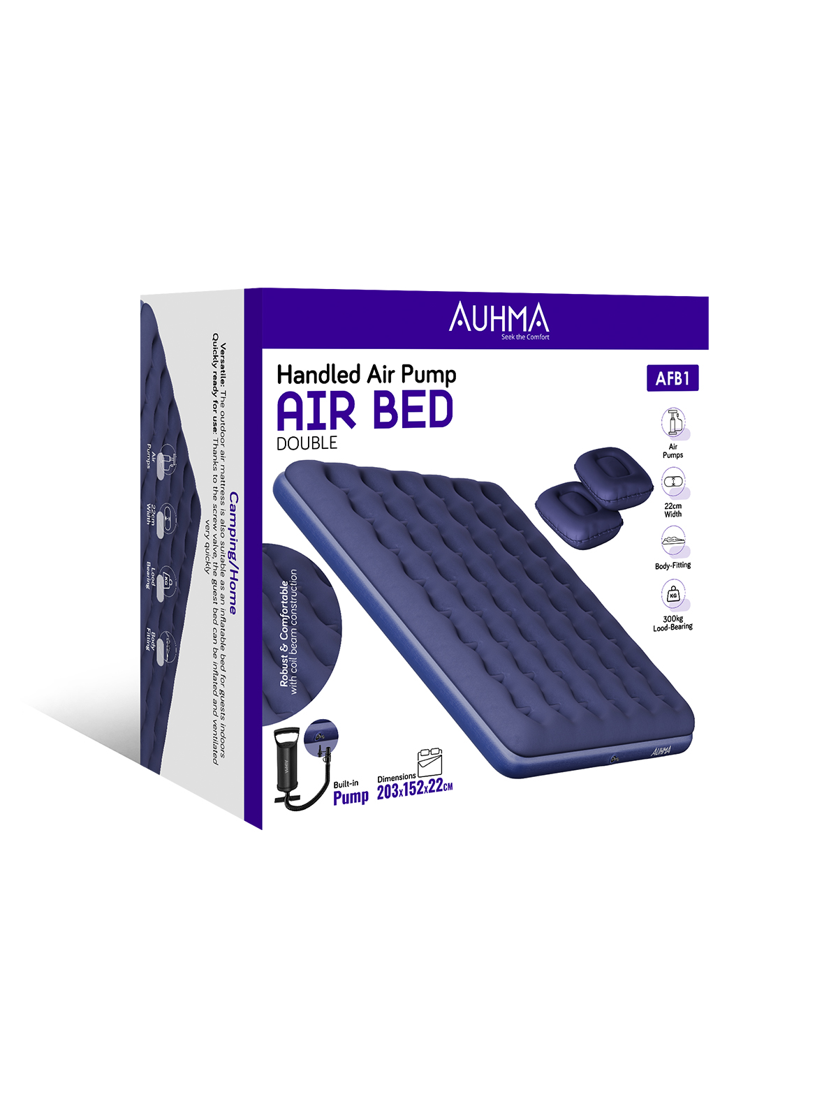 Auhma AFB1 Çift Kişilik Şişme Yatak | Dahili Pompalı | 203x152x22cm | Kamp & Ev Kullanımı İçin