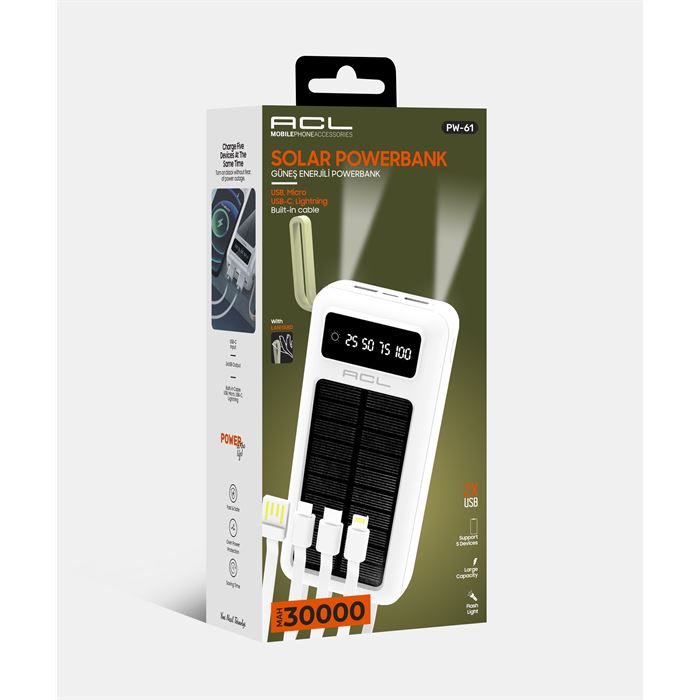 ACL PW-61 30.000mAh Güneş Enerjili Powerbank Beyaz | 5 Cihaz Aynı Anda Şarj | USB-C & Lightning & Micro USB & 2x USB Çıkış | Dahili LED Fener