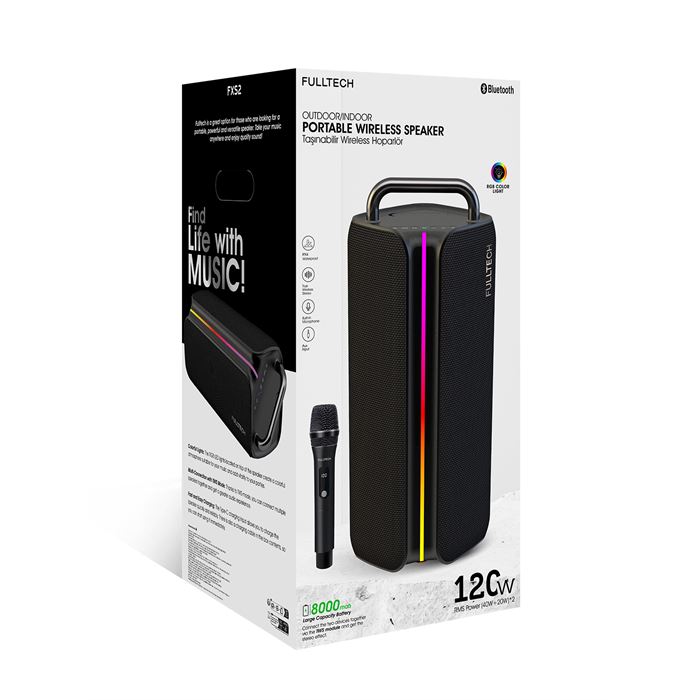Fulltech FXS2 Taşınabilir Kablosuz Bluetooth Hoparlör Siyah | 120W Güç, RGB Işık, IPX4 Su Geçirmez, TWS, 8000mAh
