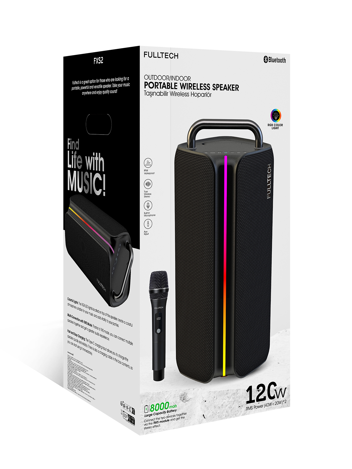 Fulltech FXS2 Taşınabilir Kablosuz Bluetooth Hoparlör Siyah | 120W Güç, RGB Işık, IPX4 Su Geçirmez, TWS, 8000mAh