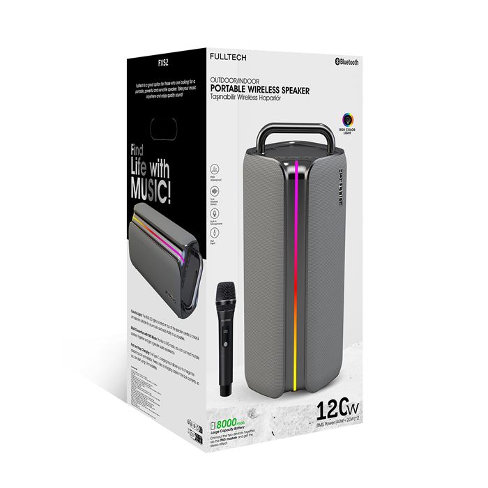 Fulltech FXS2 Taşınabilir Kablosuz Bluetooth Hoparlör Gri | 120W Güç, RGB Işık, IPX4 Su Geçirmez, TWS, 8000mAh