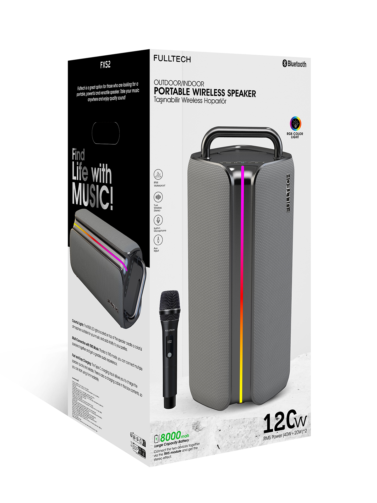 Fulltech FXS2 Taşınabilir Kablosuz Bluetooth Hoparlör Gri | 120W Güç, RGB Işık, IPX4 Su Geçirmez, TWS, 8000mAh
