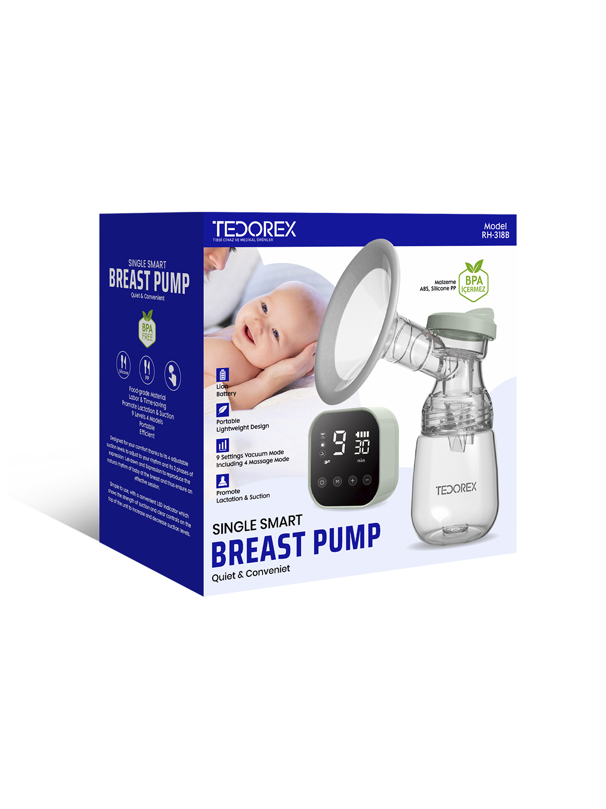 Tedorex Taşınabilir Elektrikli Göğüs Pompası Tekli Süt Sağma Pompası Ultra Sessiz RH-318