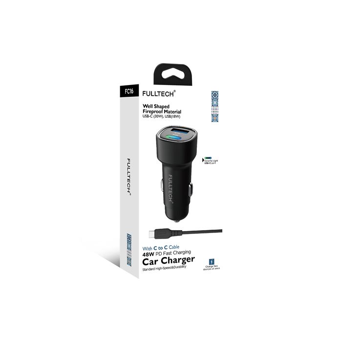Fulltech FC16 48W Hızlı Şarjlı Araç Şarj Cihazı | USB-C & USB Çift Giriş | C to C Kablo Dahil | Renkli Işıklı Port | 30W PD + 18W QC