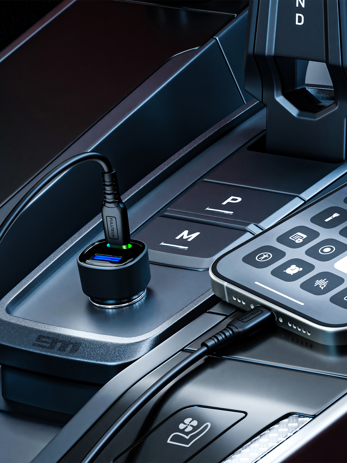 Fulltech FC16 48W Hızlı Şarjlı Araç Şarj Cihazı | USB-C & USB Çift Giriş | C to C Kablo Dahil | Renkli Işıklı Port | 30W PD + 18W QC