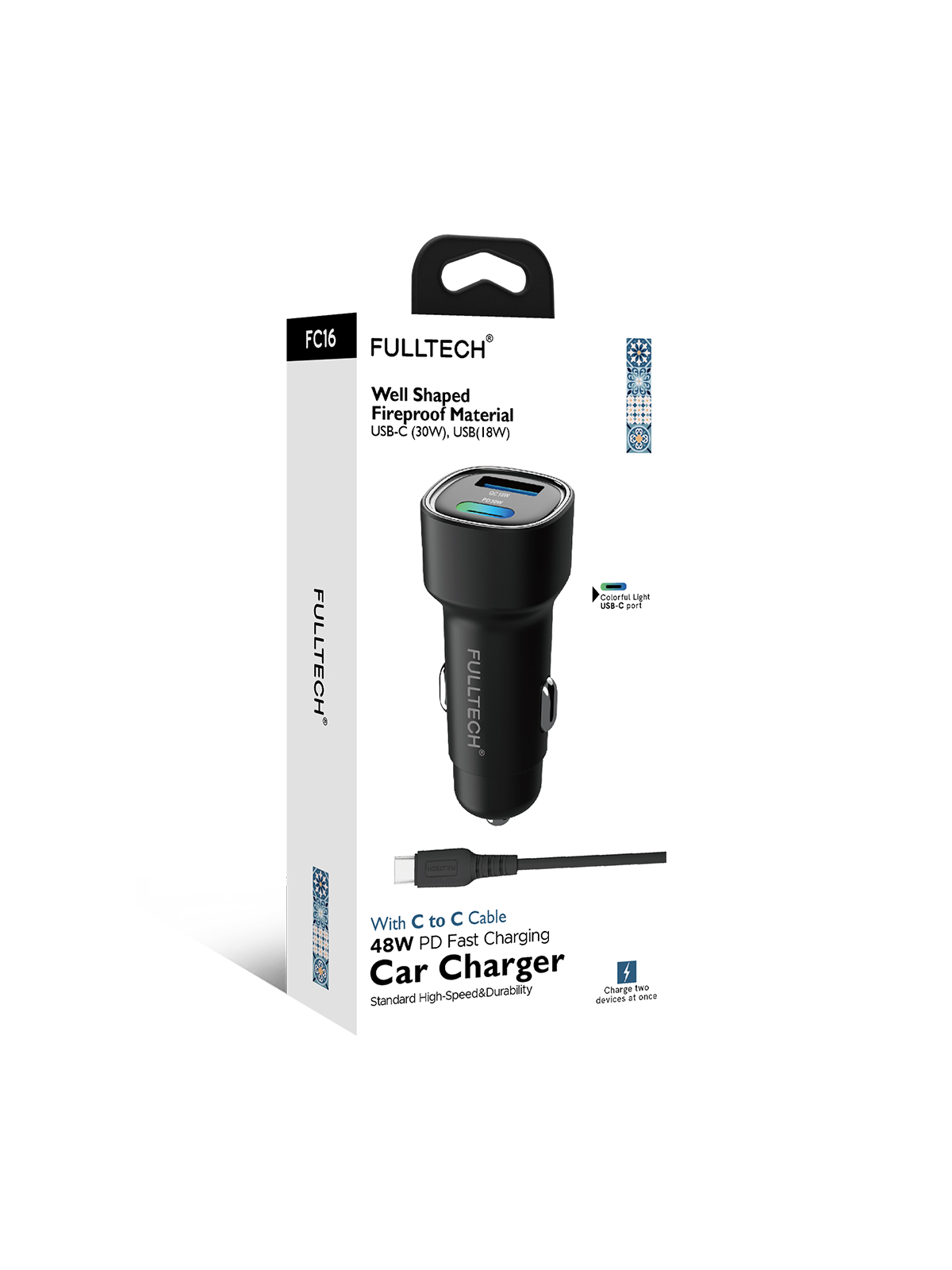 Fulltech FC16 48W Hızlı Şarjlı Araç Şarj Cihazı | USB-C & USB Çift Giriş | C to C Kablo Dahil | Renkli Işıklı Port | 30W PD + 18W QC