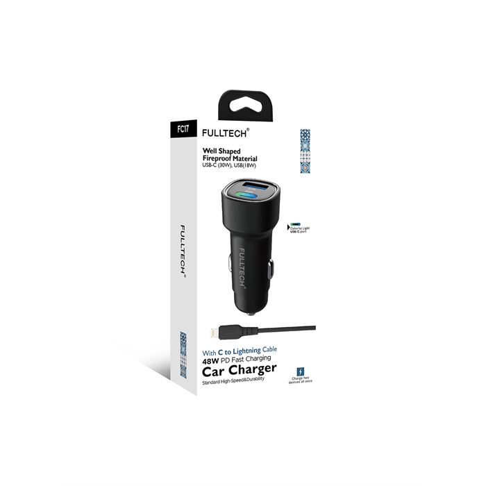 Fulltech FC17 48W Hızlı Şarjlı Araç Şarj Cihazı | USB-C & USB Çift Giriş | C to Lightning Kablo Dahil | Renkli Işıklı Port | 30W PD + 18W QC