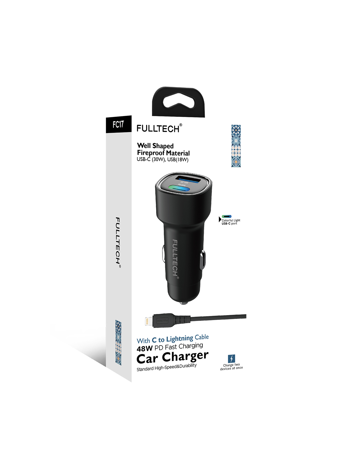 Fulltech FC17 48W Hızlı Şarjlı Araç Şarj Cihazı | USB-C & USB Çift Giriş | C to Lightning Kablo Dahil | Renkli Işıklı Port | 30W PD + 18W QC
