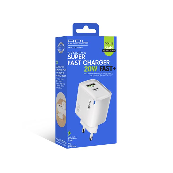 ACL AC-116 20W GaN Teknolojili Çift USB + Type-C Süper Hızlı Şarj Adaptörü | PD20W + QC3.0 Destekli | Akıllı Isı Kontrolü | LED Işıklı Tasarım