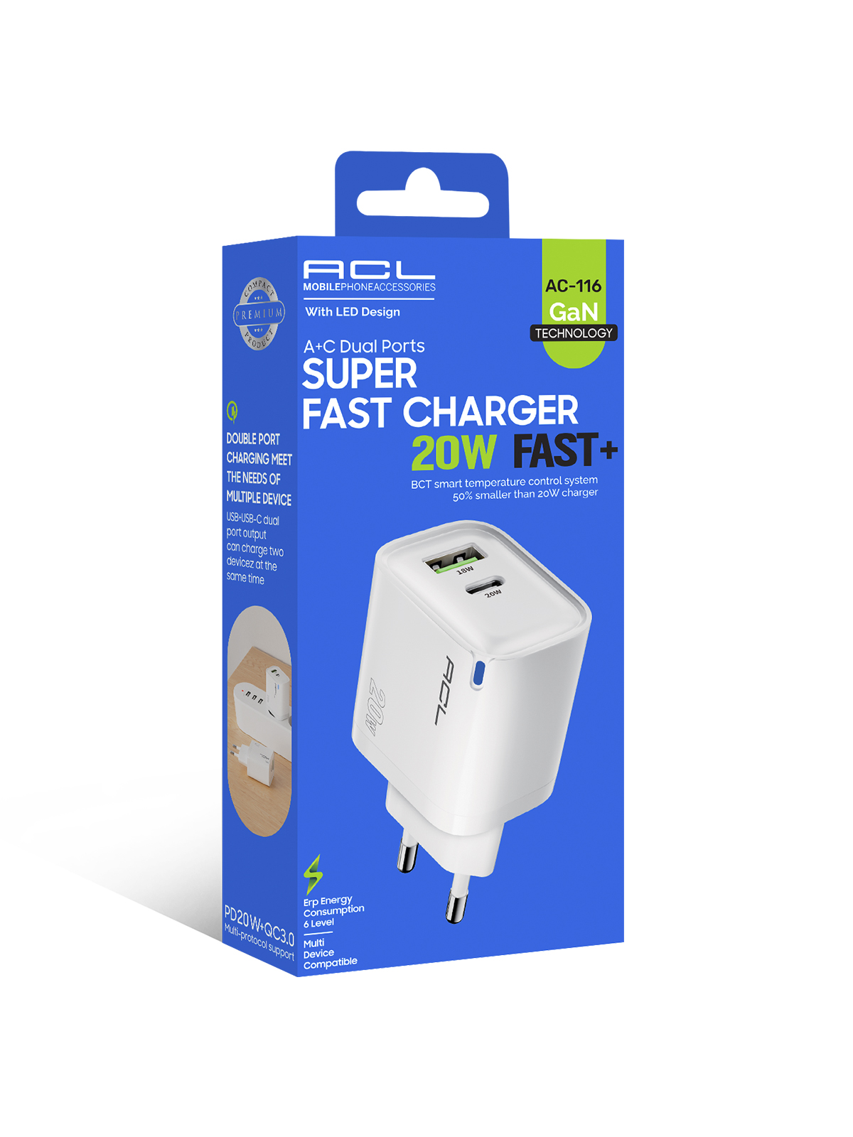 ACL AC-116 20W GaN Teknolojili Çift USB + Type-C Süper Hızlı Şarj Adaptörü | PD20W + QC3.0 Destekli | Akıllı Isı Kontrolü | LED Işıklı Tasarım