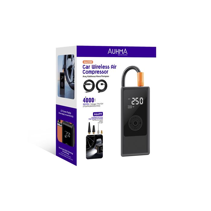 Auhma A6699 Kablosuz Dijital Araç Hava Kompresörü | 150 PSI | 4000mAh | 4 USB | LCD Ekranlı & LED Işıklı Şarjlı Şişirme Pompası