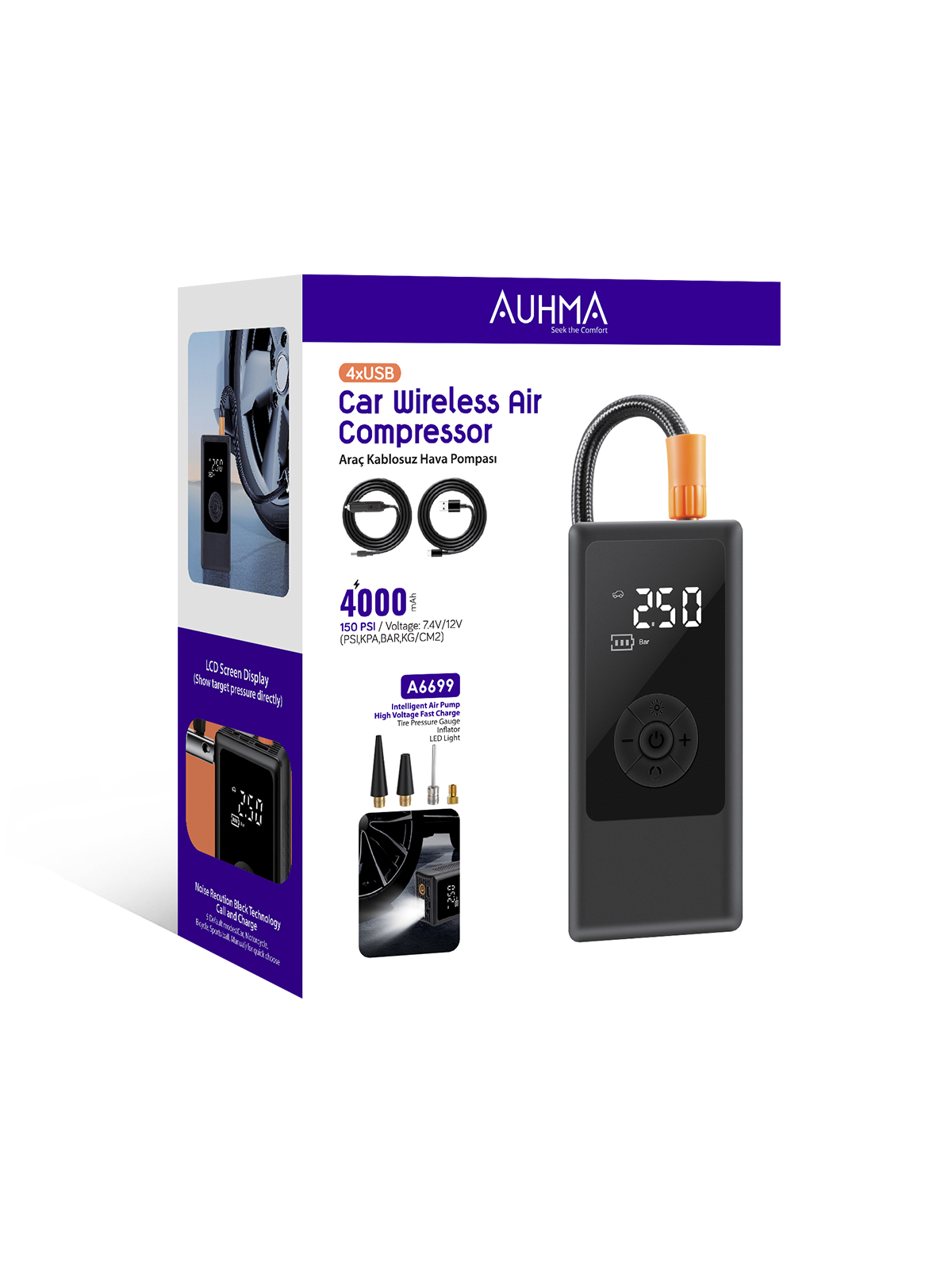 Auhma A6699 Kablosuz Dijital Araç Hava Kompresörü | 150 PSI | 4000mAh | 4 USB | LCD Ekranlı & LED Işıklı Şarjlı Şişirme Pompası
